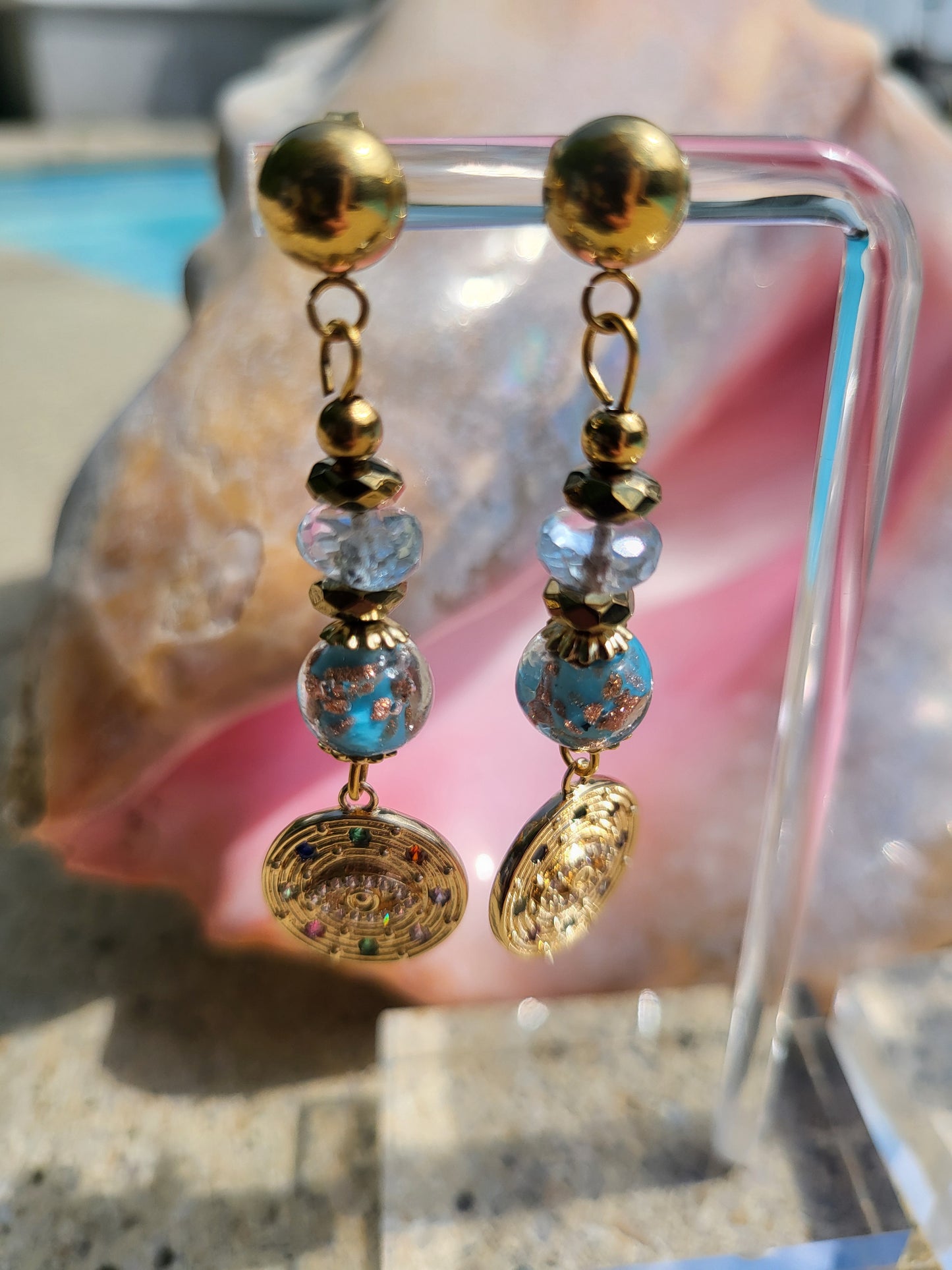 Boucles d'oreilles Topazia en topaze bleue véritable et perles en verre de Murano