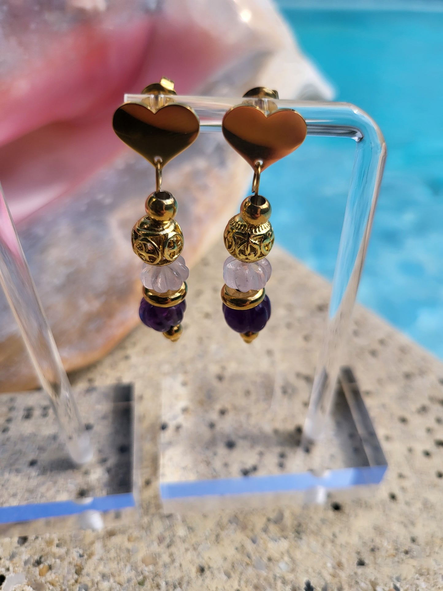 Boucles d'oreilles Mina en améthyste et quartz rose