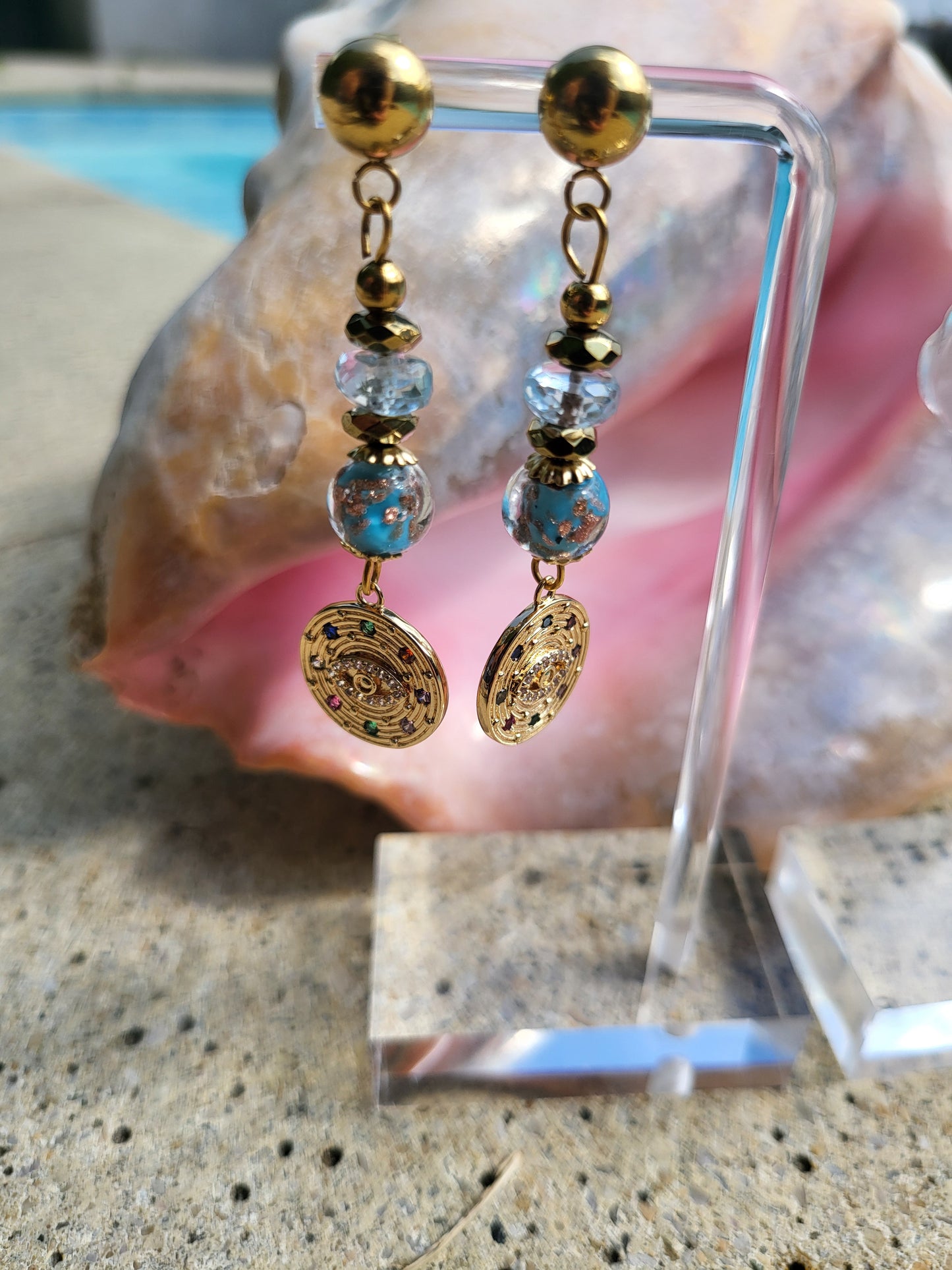 Boucles d'oreilles Topazia en topaze bleue véritable et perles en verre de Murano