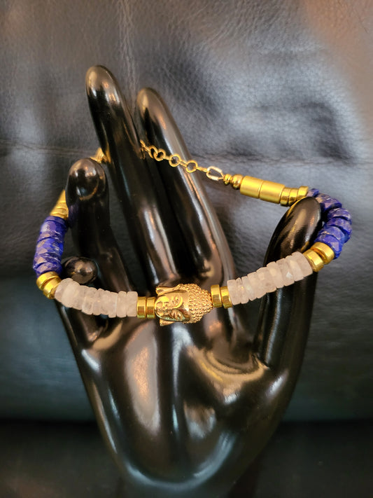Bracelet Bouddha en perles de pierre de lune et lapis lazuli