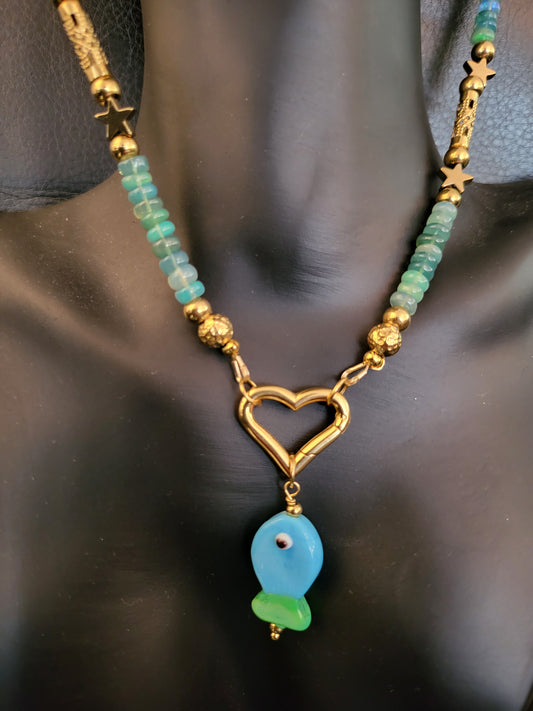 Collier Diva en perles d'opale d'Ethiopie bleue verte