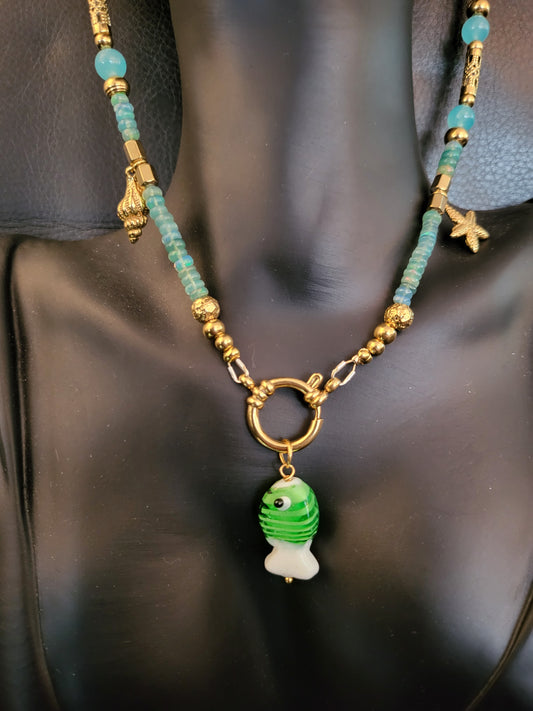 Collier Oceania en perles d'opale d'Ethiopie bleue verte