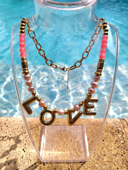 Collier Love en perles de culture roses pâles et agathes roses